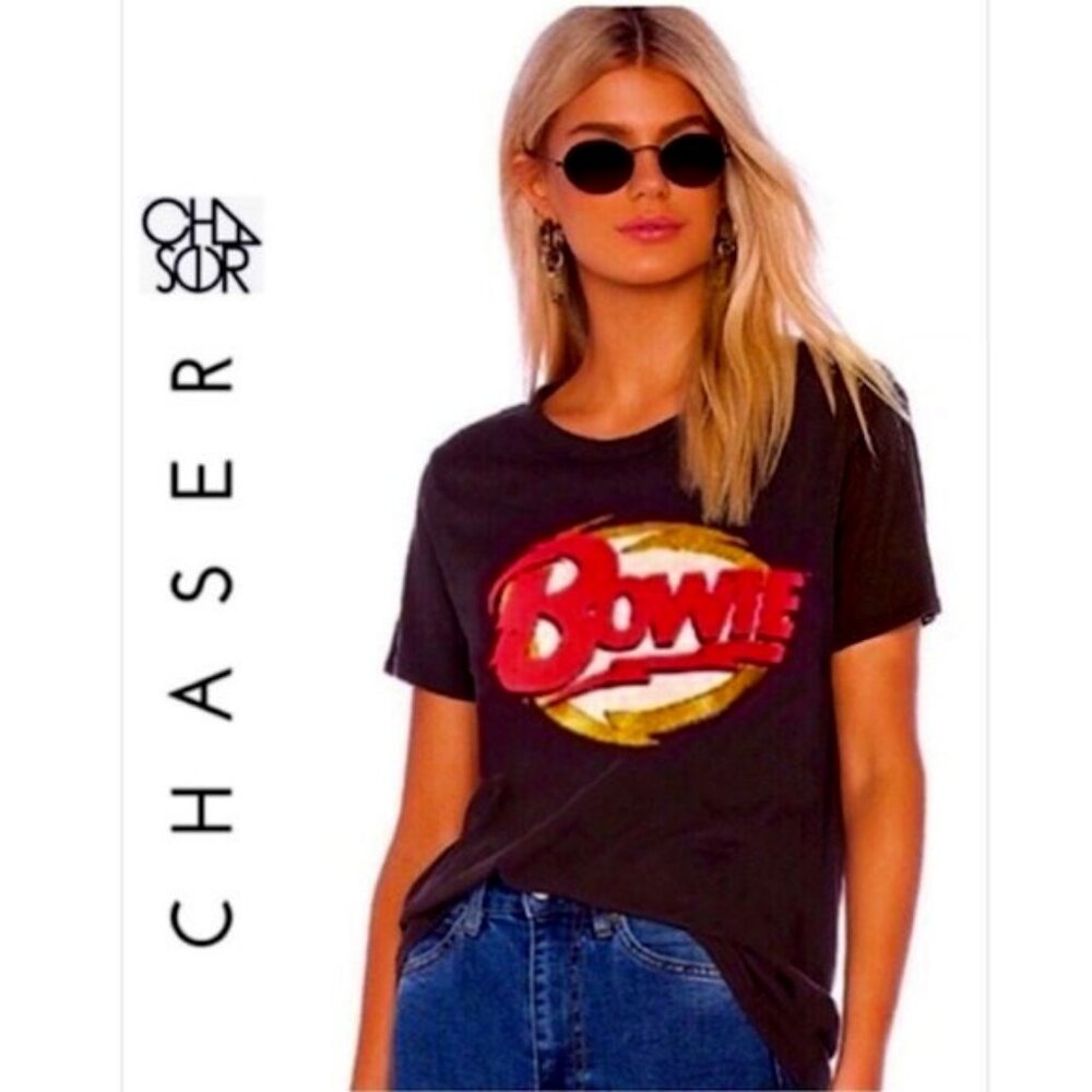 NWT CHASER BOWIE Band T-Shirt Short Sleeve Black Gold Metallic XS